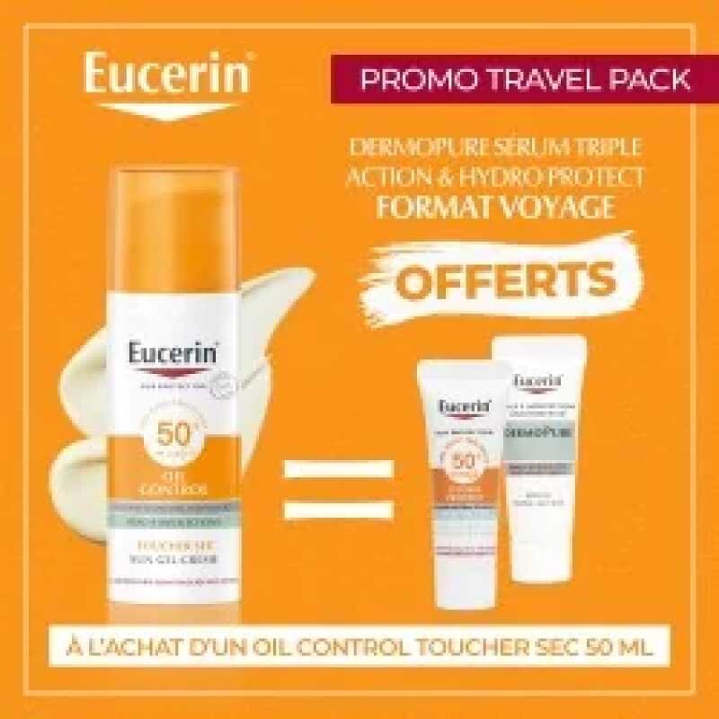 EUCERIN SUN OIL CONTROL SPF50+ Achete + HYDRO PROTECT ET SERUM TRIPLE ACTION Format voyage Offerts